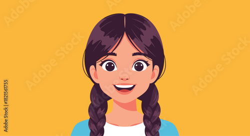 Happy and excited young girl with dark hair in pigtails smiling with a wide open mouth against a solid yellow background.
