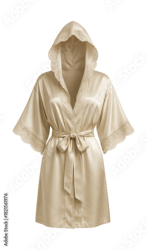 Lace-trimmed satin hooded robe with kimono sleeves.