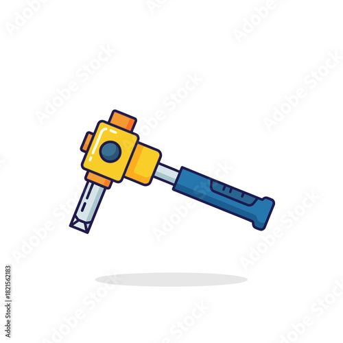 Cartoon yellow and blue ratchet screwdriver with interchangeable bit, flat vector illustration.