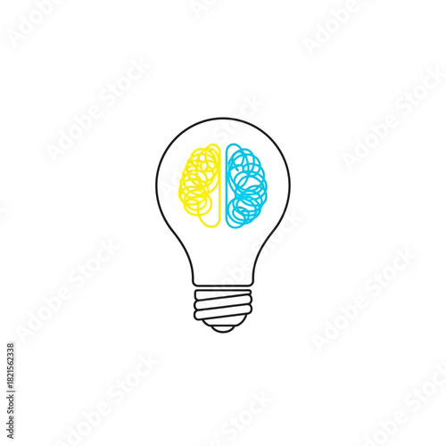 Lightbulb with Brain Halves - Yellow Creativity, Blue Logic, Black Outline.