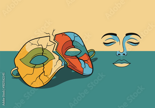 Colorful abstract masks and facial expression on dual-tone background