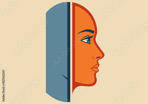 Duality concept with human face silhouette and profile in modern art style