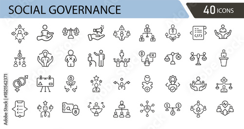 Social governance related icons set including policy, regulation, community, leadership, transparency, public welfare, and accountability.  Outline icons.