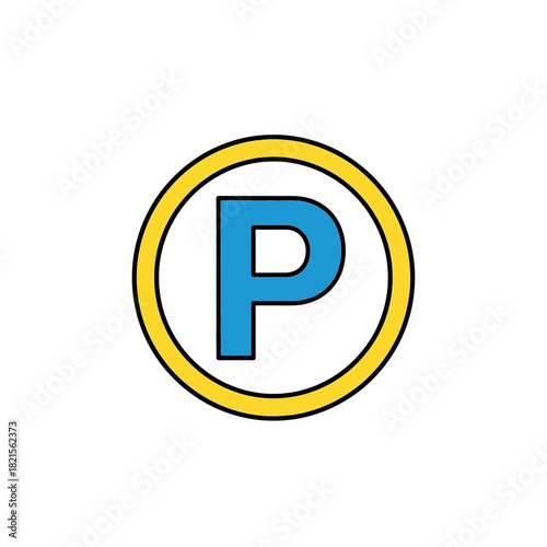 Blue Letter P in a Yellow Circle, International Dry Cleaning Symbol Icon.