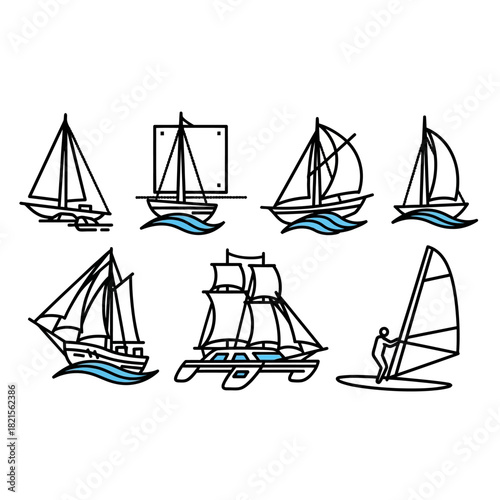 Set of Seven Black Outline Sailing Vessels and Windsurfer on Blue Waves.