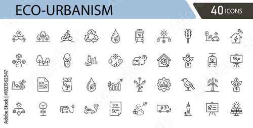 Eco-urbanism related icons set including sustainable city, green building, clean energy, public transport, recycling, community spaces, and environmental planning. Outline icons.