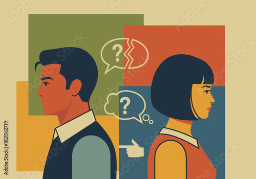 Couple facing communication breakdown with thought bubbles in retro abstract style