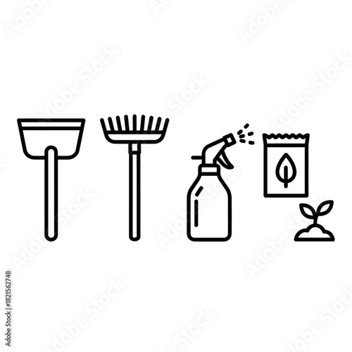 A minimalist black line art icon set of gardening tools, including a rake, spray bottle, and seeds.