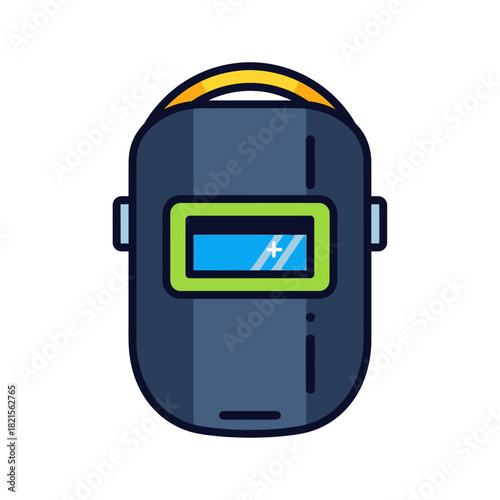 Cartoon Illustration of a Dark Blue Welding Helmet with Yellow Handle and Green Frame.