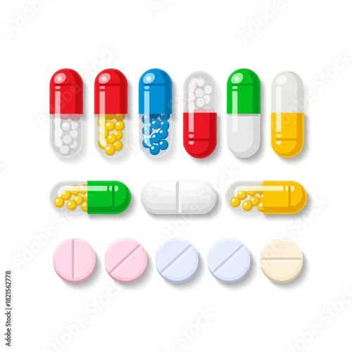 Assorted Colorful Pharmaceutical Pills and Capsules Displayed in Various Arrangements.
