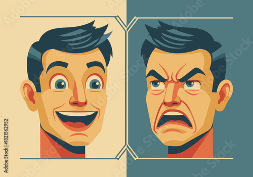 Contrasting emotions: happy vs. angry expression in retro style