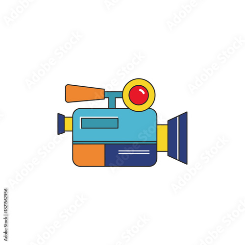 A colorful, retro-style video camera illustration with a flat design and bold outlines.