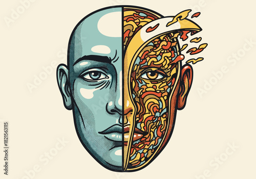 Surreal duality: half human half abstract face with intricate patterns