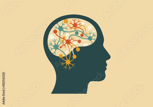 Silhouette of human head with brain neurons in linear abstract design