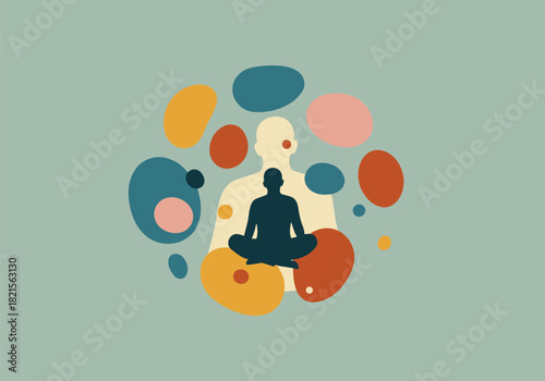 Colorful meditation silhouette with abstract circular patterns in calm tones