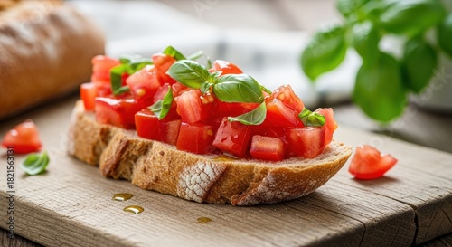 Fototapeta Naklejka Na Ścianę i Meble -  Fresh bruschetta with diced red tomatoes and green basil on a rustic wooden board indoors
