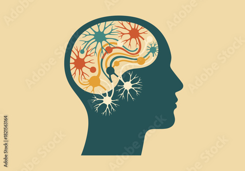 Human head silhouette with neural network in flat design