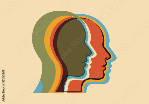 Colorful geometric human profiles with overlapping layers on beige background