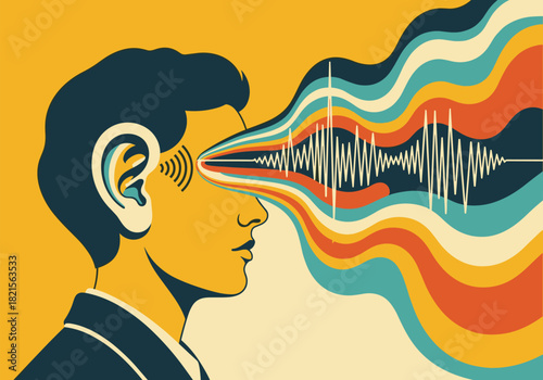Vibrant conceptual art of sound waves and human perception in retro style