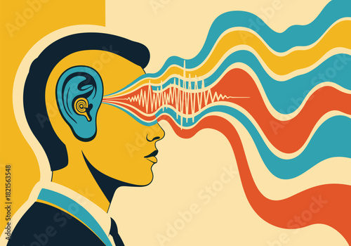 Colorful soundwaves and human profile in abstract pop art style