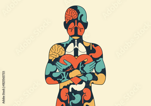 Illustrated human anatomy with heart motif, featuring lungs and brain in a colorful modern design