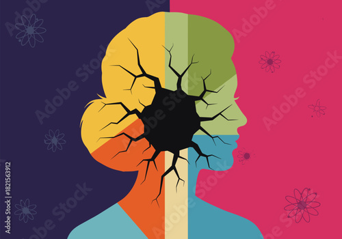 Colorful abstract profile with cracking effect and floral accents