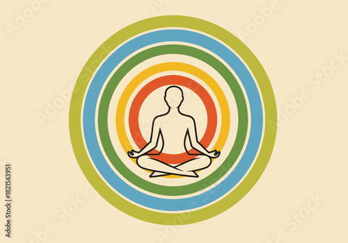 Meditation silhouette with colorful radiating circles on beige background