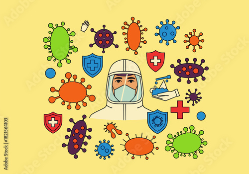 Healthcare worker in hazmat suit amidst colorful microbes and medical icons