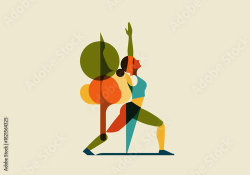 Colorful geometric yoga pose with artistic overlays on minimalist background