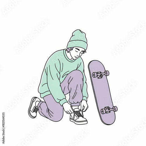 Young man tying shoelaces while kneeling beside skateboard  
