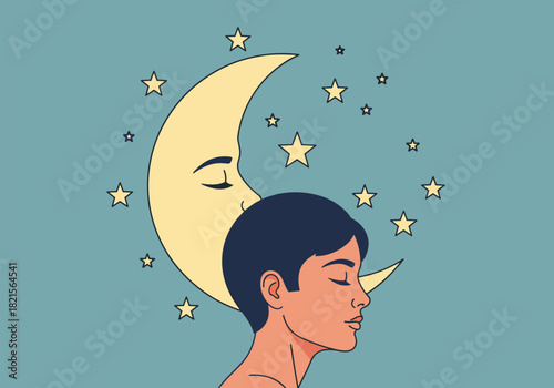 Dreamy moonlit night: surreal landscape with moon and stars in minimalist style