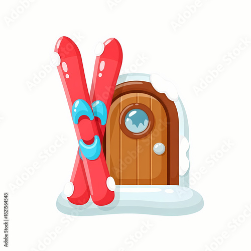 Red skis leaning against wooden cabin door in snowy environment  