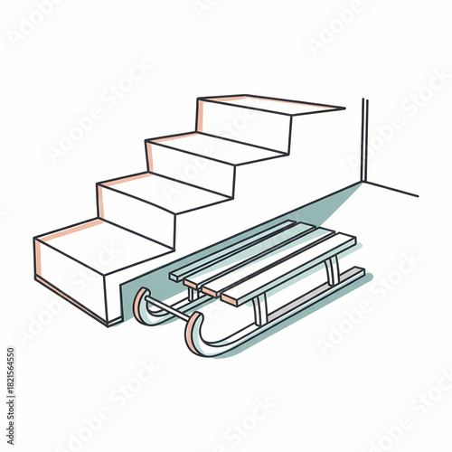 Sled placed under stairs in minimalist indoor setting  