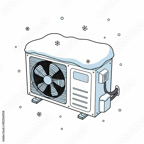 Air conditioning unit covered in snow with falling snowflakes  