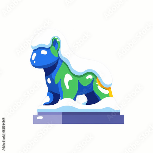 Colorful statue covered in snow on a base in winter scene  