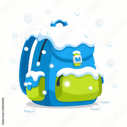 Colorful backpack covered with snow in winter environment  