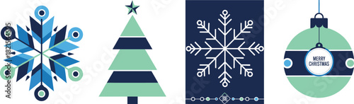 Modern Geometric Blue and Mint Green Christmas Elements Snowflake, Tree, Card, and Bauble Vector Set