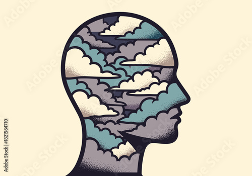Surreal human head with cloudscape inside in vintage graphic art style