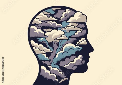 Cloudscape silhouette inside human head conceptual art