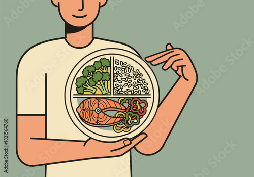 Minimalistic balanced meal plate with salmon, vegetables, and grains in hand