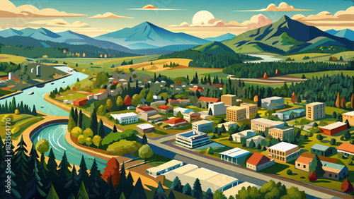 Very beautiful aerial panorama of Grants Pass, Oregon, showcasing tree-lined neighborhoods, the winding Rogue River, surrounding forested hills, and a clear bright sky over the scenic Southern Oregon 