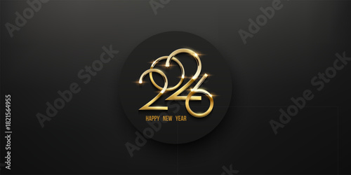 2026 Happy New Year greeting card vector illustration. Festive Christmas social media banner. Golden numbers 2026 on elegant black background