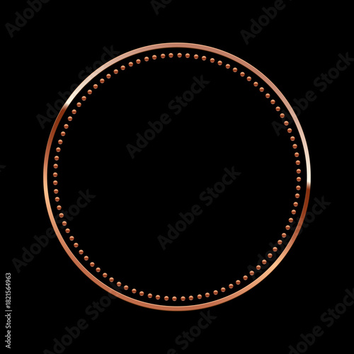 Bronze circle frame on black background. Metallic round border with dotted edge and smooth glossy reflection. Elegant minimal design for badge, button, or emblem. Luxury style vector illustration