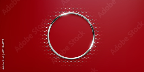 Silver circle frame with dotted halftone light effect. Circular glowing metallic ring, button, stamp, emblem, sticker, label. Modern luxury abstract vector illustration