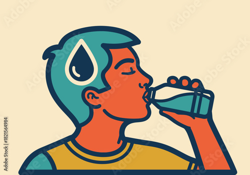 Hydration concept: person drinking water in bold retro style