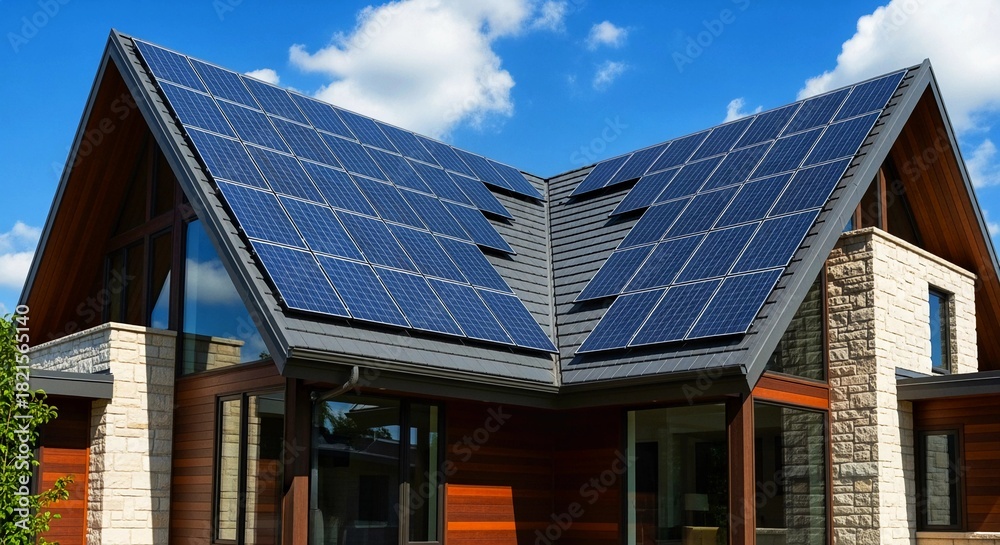Fototapeta premium Modern home with solar panels offers sustainable living with clean energy solutions