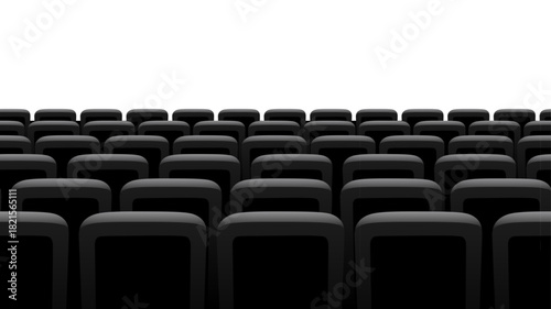 Cinema, theater chair screen background with rows of black seats facing bright empty space. Movie atmosphere created by deep shadows and clean perspective. Seamless realistic vector illustration