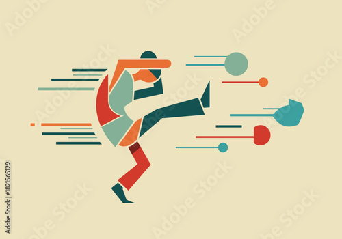 Dynamic abstract kicking figure with geometric shapes in motion