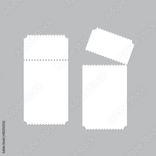 Blank white tear off tickets. Collection of narrow admission passes with perforated edges and detachable stubs. Minimal template for events, raffles, concerts. Realistic vector illustration