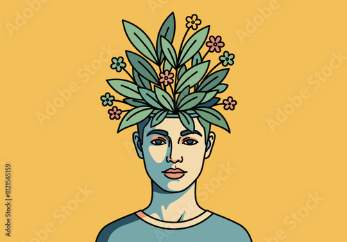 Surreal portrait of a person with plants growing from their head